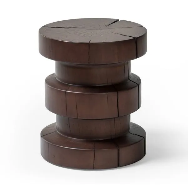 Inez Brown Pine End Table with stacked drum-style solid pine sections and dark brown wood with oyster cutting texture