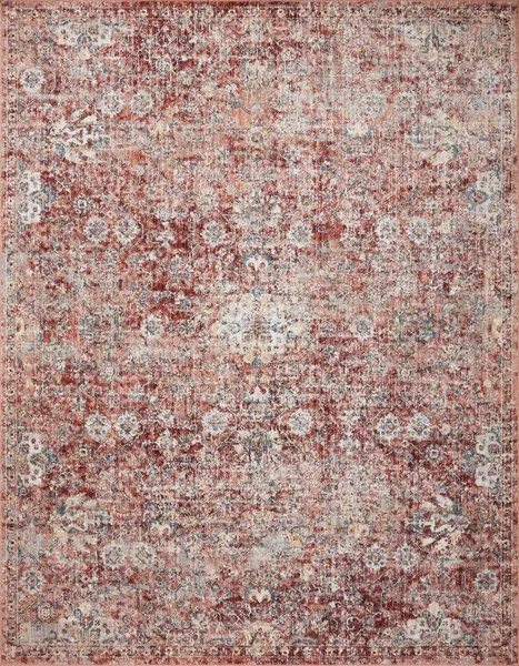 Cassandra Rust Ivory Rug with vintage-inspired traditional pattern in rusty red, ivory, and muted blue tones
