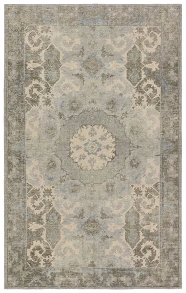 5x8 hand-knotted traditional rug with sage and light blue medallion pattern in wool