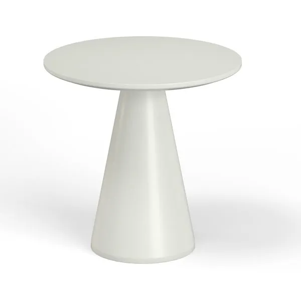 Round pedestal pub table in smooth light gray glass fiber reinforced concrete with a tapered base