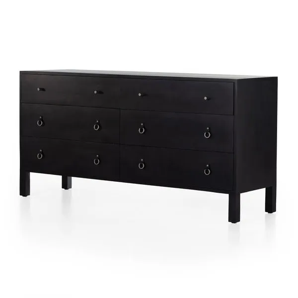 Black-washed solid poplar six-drawer dresser with dovetail joinery, leather rings, and iron hardware