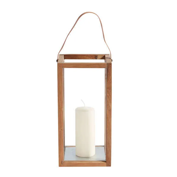 Rectangular outdoor lantern crafted from recycled teak wood with glass sides, metal base, leather handle, and white pillar...