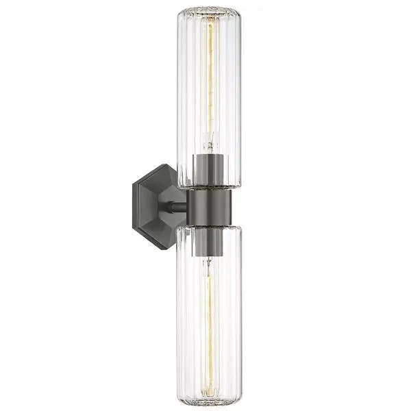 Roebling 2 Light Wall Sconce with clear ribbed glass shades and dark metal frame in vertical arrangement