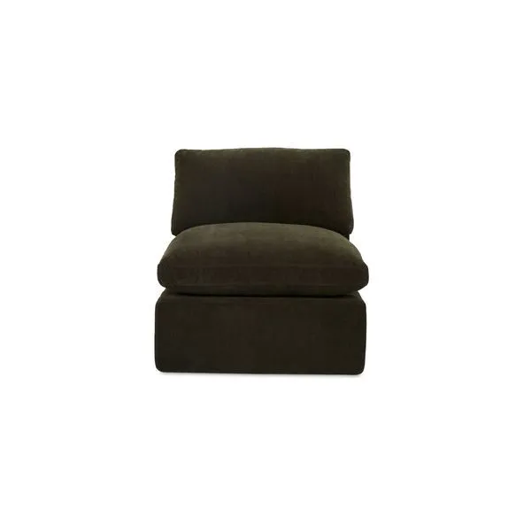 Cates Slipper Chair in dark olive fabric with dense foam cushions and no visible frame, front view
