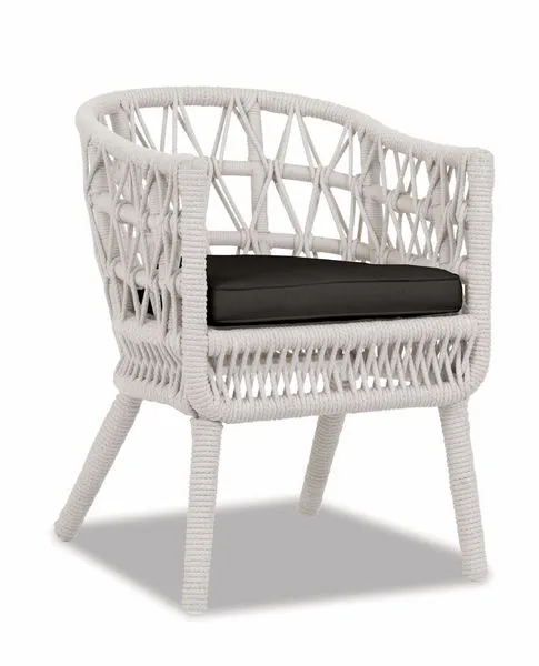Dana Rope Dining Chair with a curved back and sloped arms, wrapped in natural linen olefin rope with black cushion