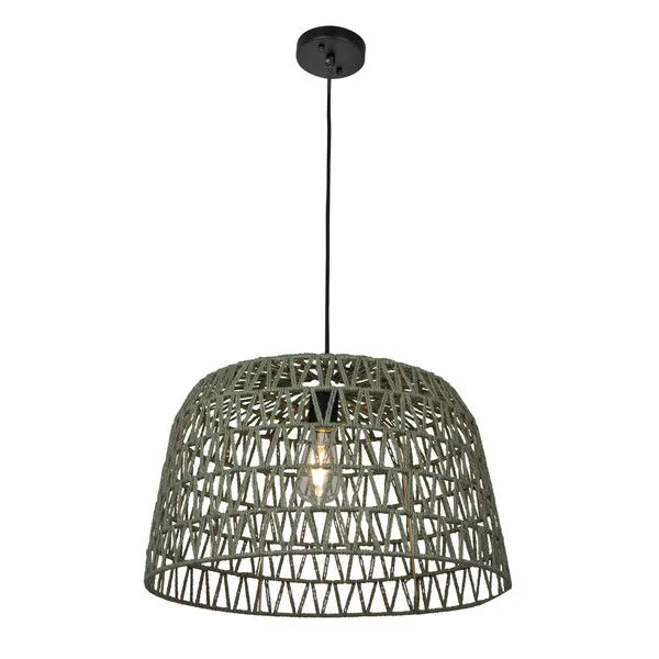 Sable Paper Rope Pendant Light with woven natural paper rope shade and black wired fixture hanging from the ceiling