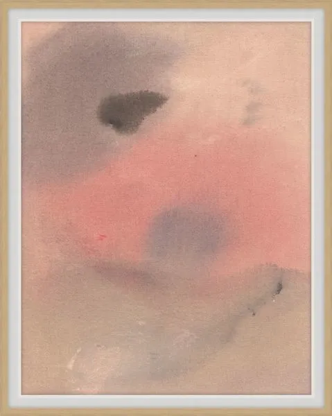 Abstract canvas painting with soft washes of pink, grey, and beige blending seamlessly in muted tones