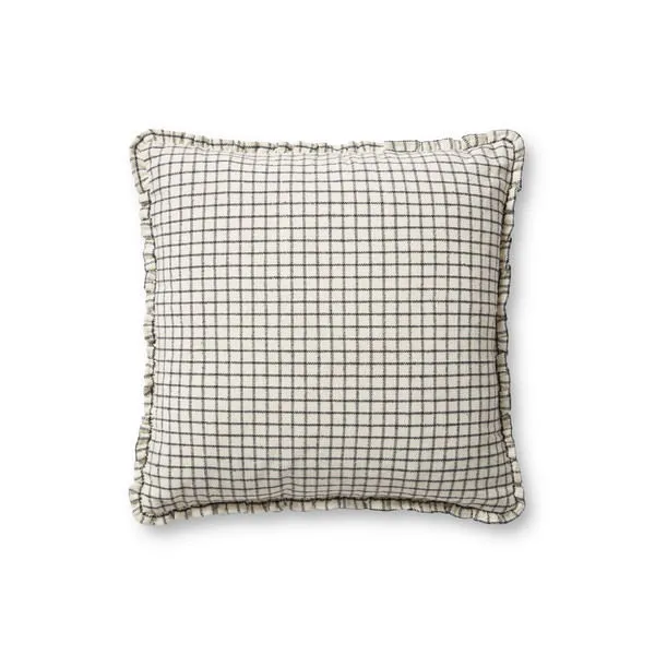 Square throw pillow with black grid pattern on ivory background with short ruffled edges