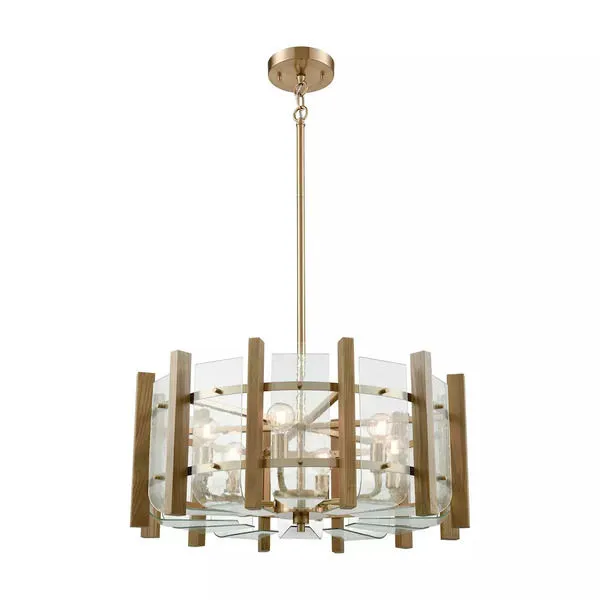Product Image 2 for Vindalia 6 Light Chandelier In Satin Brass With Wood Slats And Curved Glass from Elk Lighting