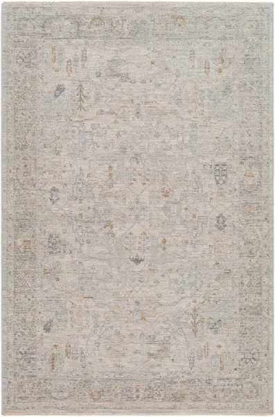 Round traditional woven rug in light gray with subtle art-inspired patterns in soft tonal hues