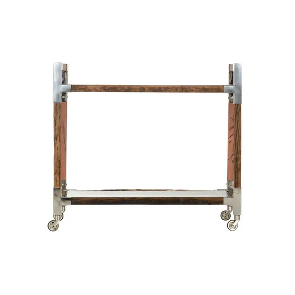Bar cart viewed from back showing wood grain and nickel bracket details on corners