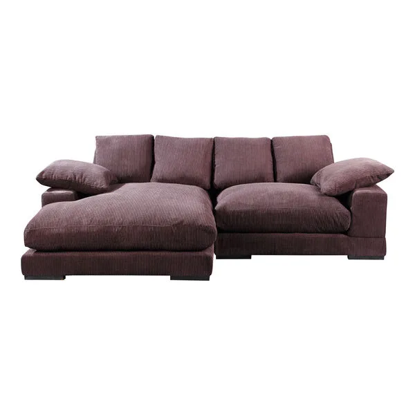 plush corduroy fabric brown sectional sofa with flip chaise on the left side, thick cushions and broad armrests