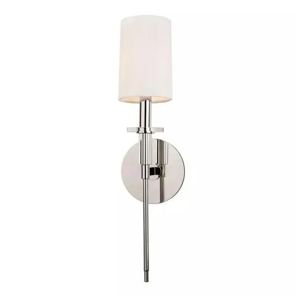 Amherst 1 Light Wall Sconce with elongated torch handle, polished metal finish, white fabric cylindrical shade, and crysta...