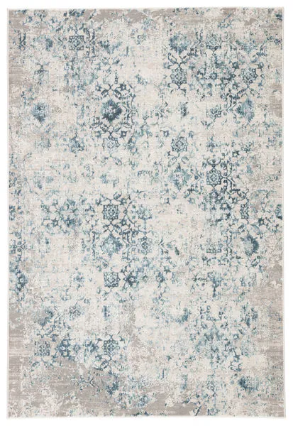 Siena Damask rug with blue, ivory, and gray abrashed brocade pattern in a distressed traditional design