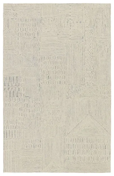 Karim handmade hand-tufted wool rug with cream and light gray striped geometric and mosaic patterns