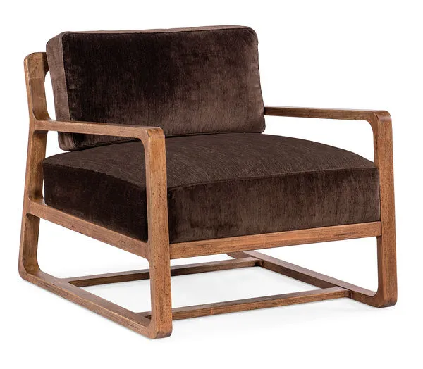 Moraine Accent Chair with low-slung vintage natural wood frame and plush Marcella chocolate fabric upholstery