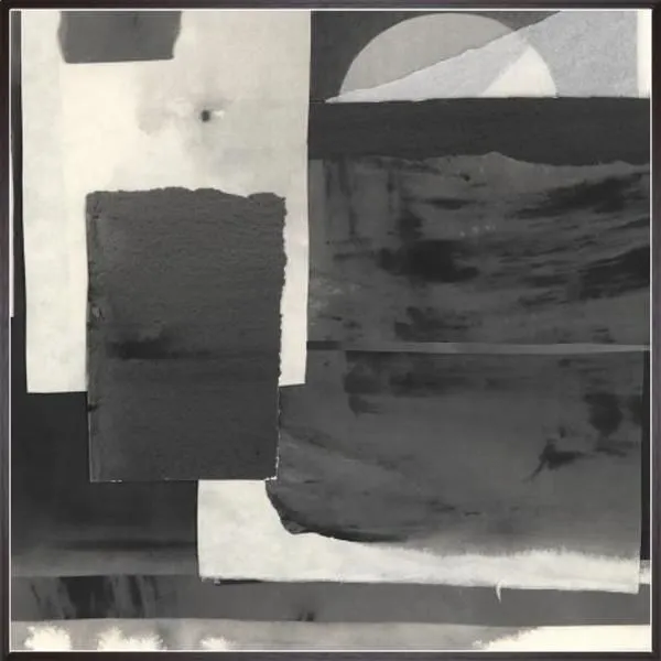 Abstract black and white mixed media painting with layered geometric shapes in espresso brown float frame