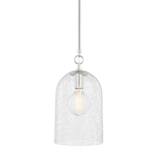 Small pendant with polished nickel finish and clear glass shade etched with intricate floral design