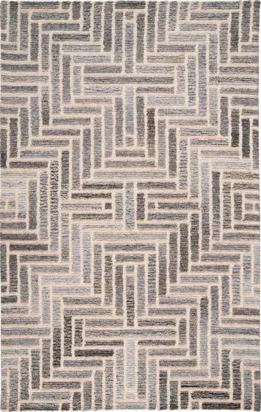 Transitional geometric pattern rug in warm grays, taupes, and blacks with a subtle sheen in wool and viscose pile