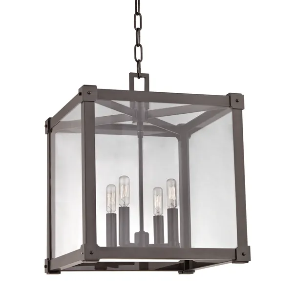 Forsyth 4 Light Pendant with a dark metal frame and clear glass panels in a cube shape, featuring four exposed bulbs inside