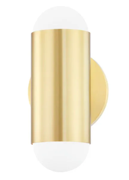 Kira 2 Light Wall Sconce with aged brass cylindrical body and frosted white rounded glass shades on top and bottom
