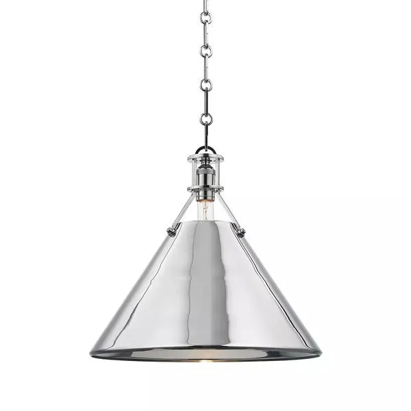Large conical metal pendant light with polished silver finish and chain suspension