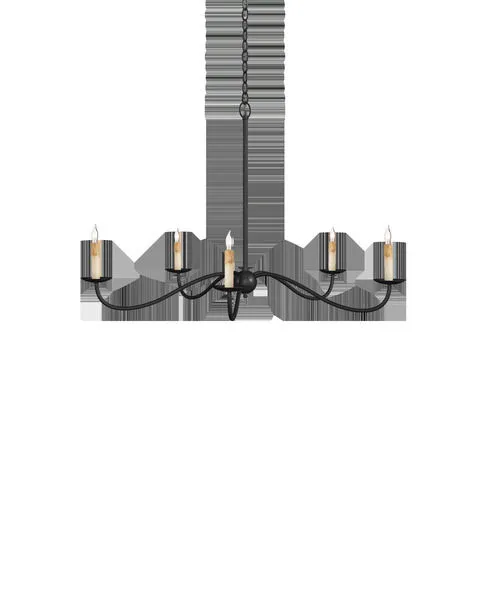 Saxon Small Black Chandelier with five arms arcing outward in Zanzibar black finish, candle-style bulbs