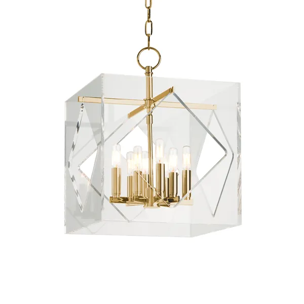 Travis 8 Light Pendant with transparent acrylic cube featuring diamond cutouts and gold metal frame and bulbs