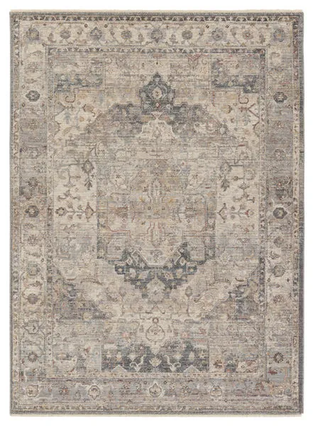 Traditional Starling Medallion rug in tan and slate with ornate central medallion and intricate border design