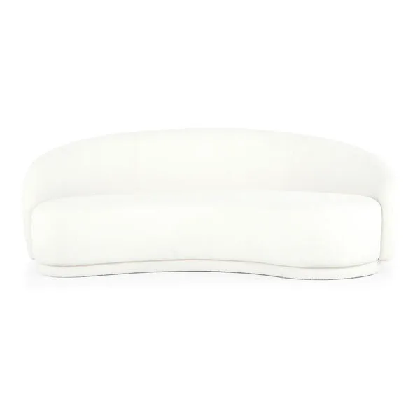 Curved white Excelsior sofa in boucle fabric with smooth rounded back and thick seat cushion
