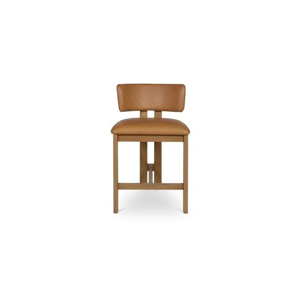 Morel Counter Stool with oak frame and curved backrest upholstered in brown top-grain leather, armless and sturdy