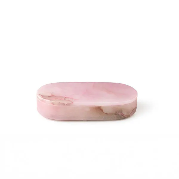 Smooth natural pink alabaster oval display box with delicate veining and polished finish