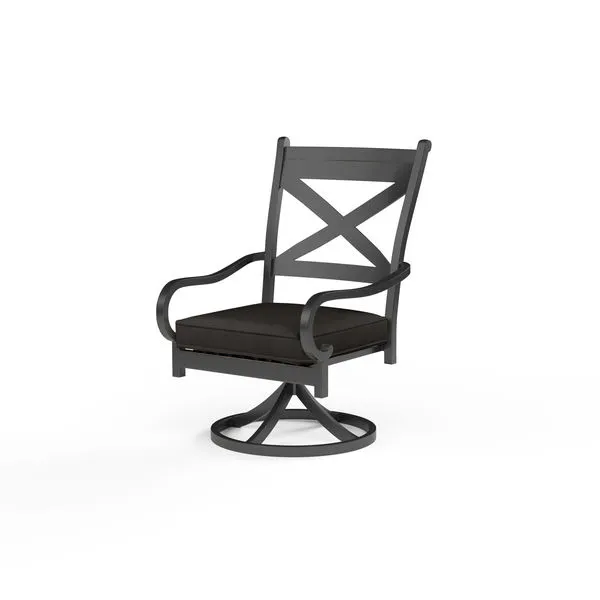 Monterey Swivel Dining Chair with espresso aluminum frame, cross-back design, curved arms, and black cushioned seat