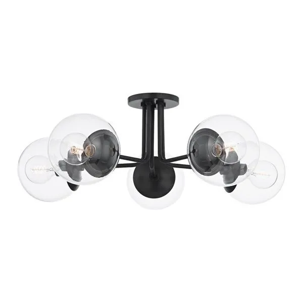 Meadow 5 Light Semi Flush with five clear glass globes and matte black steel frame in a mid-century modern design