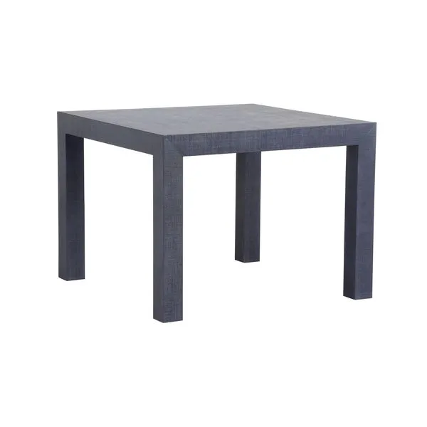 Square game table wrapped in blue raffia with classic Parsons style and bold blue color