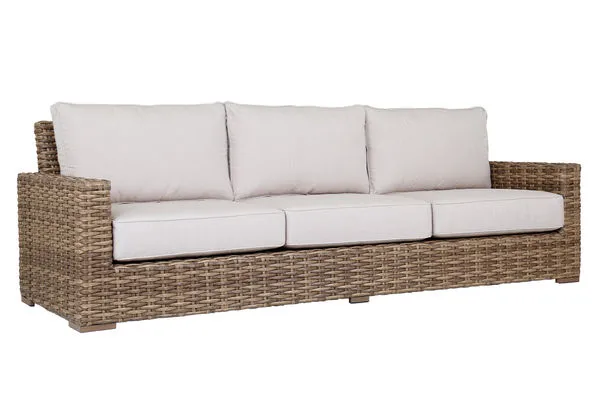 Havana Sofa with rich aged tobacco all-weather wicker and beige cushions, three-seat outdoor sectional