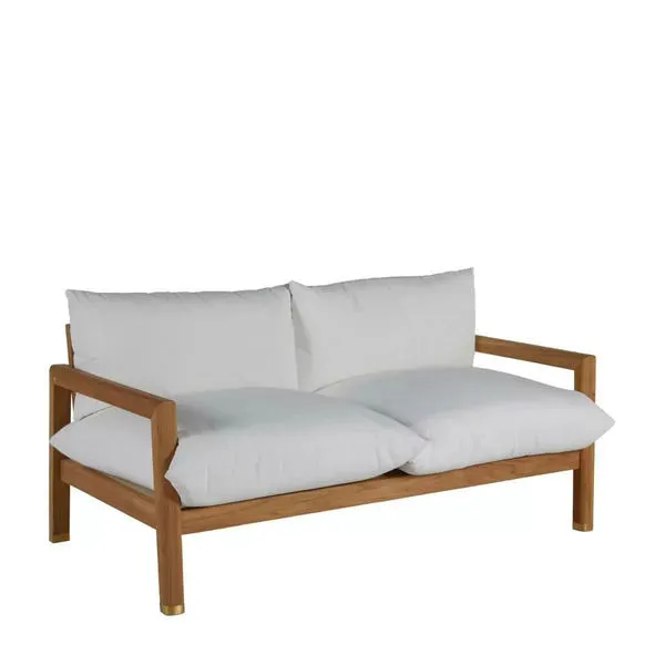 Monterey Loveseat with light wood frame and thick white cushions designed for outdoor use