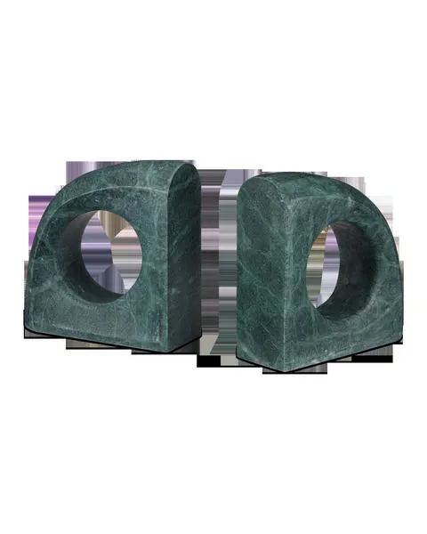 Set of two green marble decorative sculptures with rounded corners and large circular cutouts