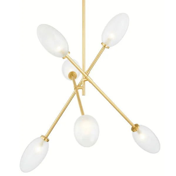 Six-light chandelier with aged brass arms and frosted oval glass shades in a modern design