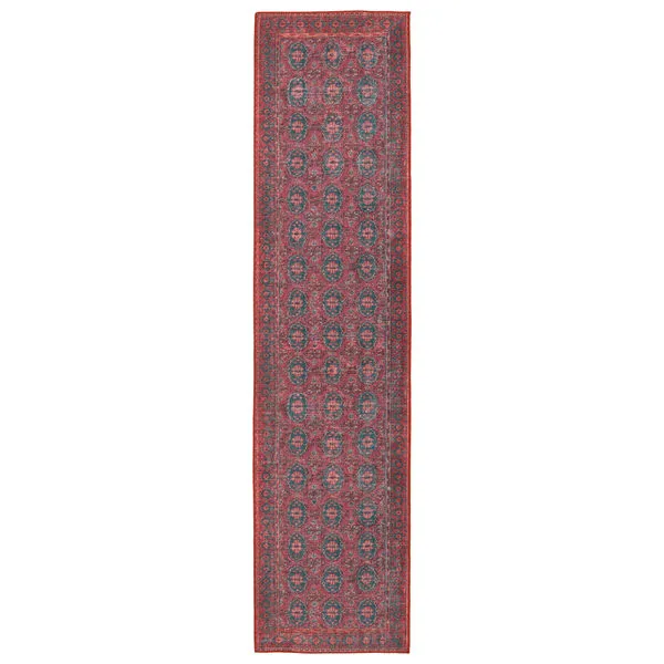 Long narrow rug with dark red, blue and coral lattice pattern and distressed vintage look