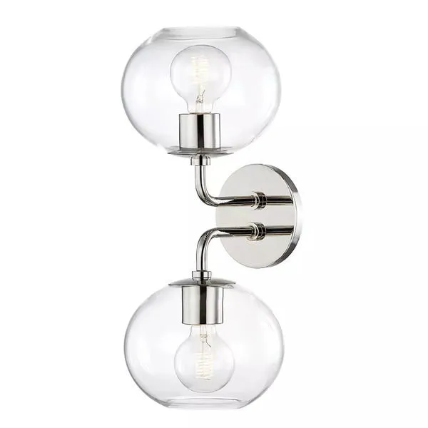 Margot 2 Light Wall Sconce with two clear glass globe shades and brushed nickel finish, modern two-arm vertical design