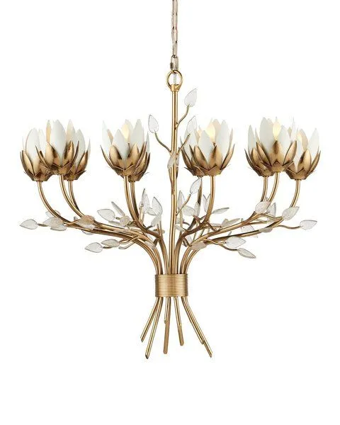 Star Magnolia medium chandelier in gold with white inner petals and clear glass leaf accents