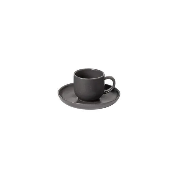 Seed grey stoneware coffee cup with wide handle on matching round saucer with raised edges