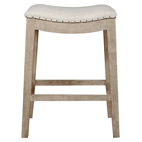 Harper Cream Counter Stool with bisque French linen saddle seat, black nail tack trim, and natural stone washed oak legs