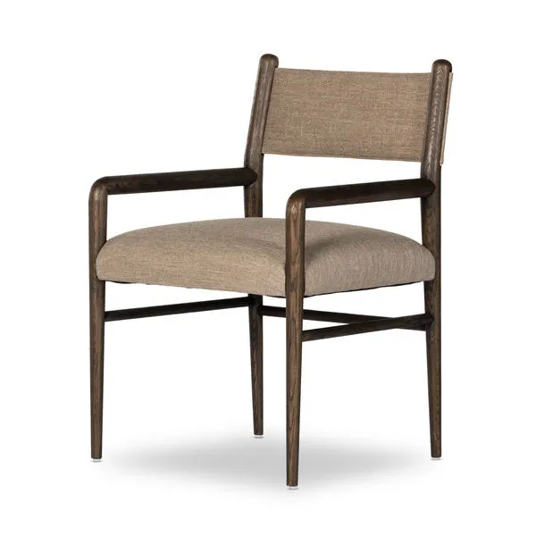 Morena Brown Wooden Dining Armchair with solid oak frame, rounded dowel legs, and beige performance fabric sling-back and ...