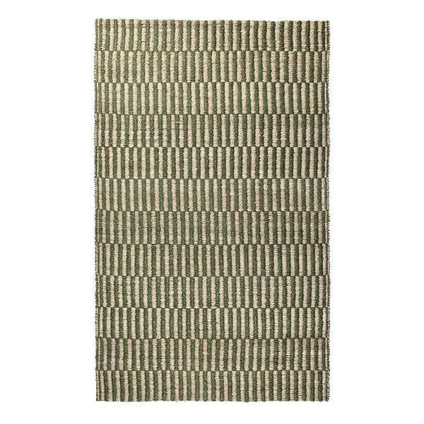 5'x8' handwoven green jute area rug with alternating tile-like stripes and textured weave