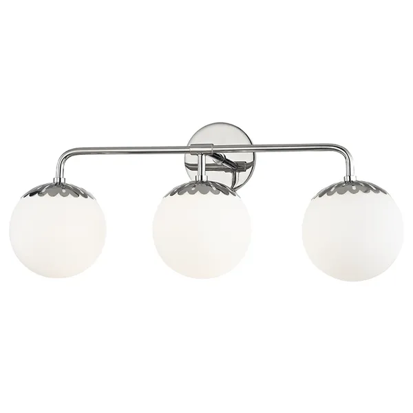 Paige 3 Light Bath Bracket with three white frosted globe shades and polished chrome steel frame