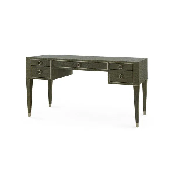 Morris Desk with deep olive grasscloth, lacquer finish, champagne-gilded ribbon border, and satin bronze pulls