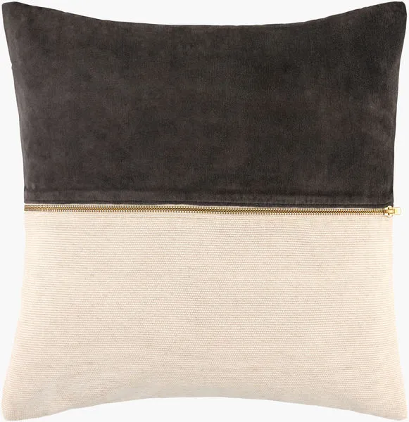 Square San Marco Ivory Accent Pillow with dark gray upper half, textured ivory lower half, and brass zipper in the middle
