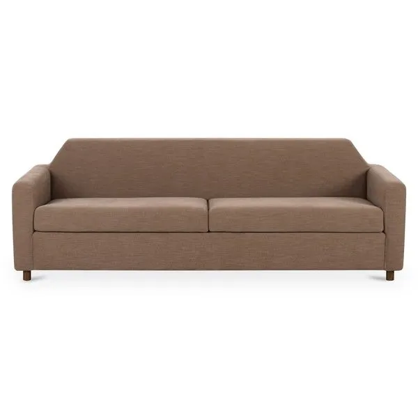Brown linen-blend Finch Sofa with angled back, slim cylindrical legs, and bench seat in mid-century style
